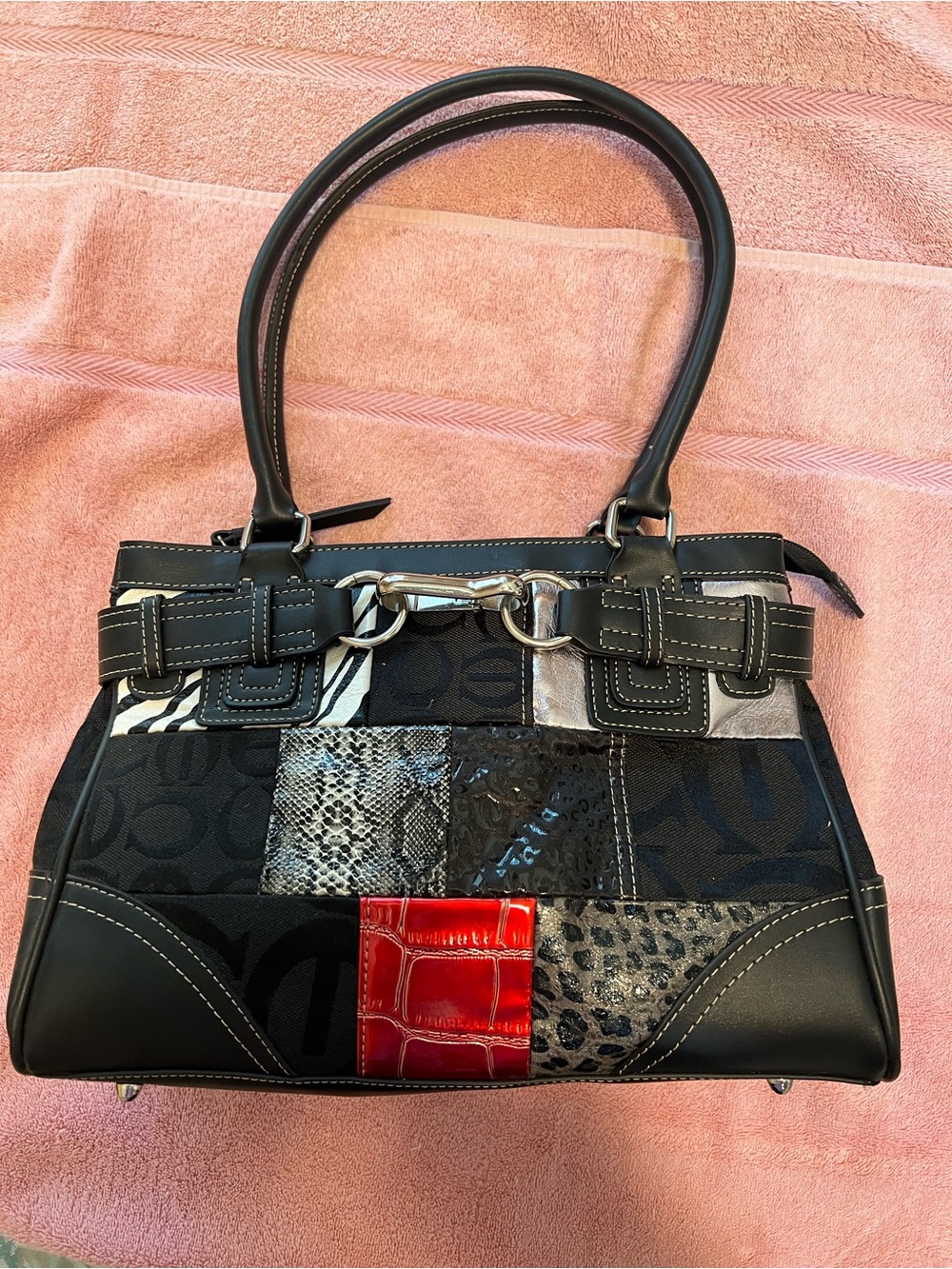 Patchwork Leather & Canvas Shoulder Bag in Black with Red Accent